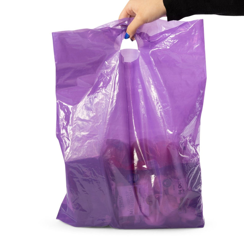 500 pcs 375mm x 450mm+75mm OBG Purple Punch Out Patch Handle Carrier Bag